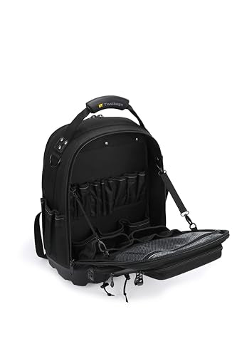 HY Toolbags Tech Pac Pro Professional Tool Backpack with 49 Pockets, Black Nylon, Waterproof Base, Heavy Duty Zipper, 32L Capacity, Tool Organizer for Electrician and HVAC