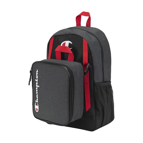 Champion Kids' Mode 2-Piece Backpack and Insulated Lunch Box Combo Set with Laptop Compartment, Padded Straps, Water Bottle Pocket for Daily Use, Black Combo, One Size
