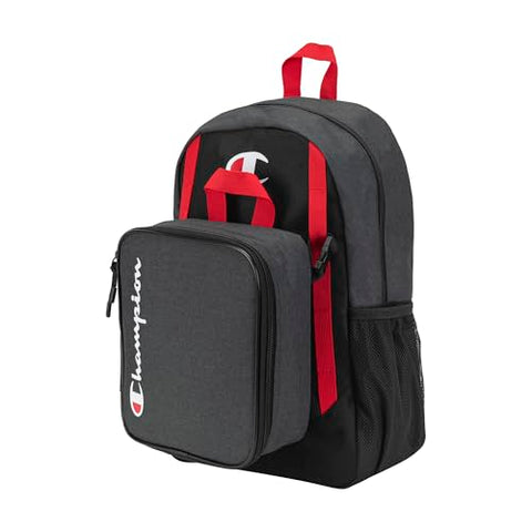 Champion Kids' Mode 2-Piece Backpack and Insulated Lunch Box Combo Set with Laptop Compartment, Padded Straps, Water Bottle Pocket for Daily Use, Black Combo, One Size