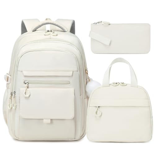 GeeWin Backpacks for Girls, Girls Backpack with Lunch Box & Pencil Case Set, 17 Inch Waterproof Girl Bookbag with Lots of Pockets for Kids, Teens, Elementary Middle High College School Student(Beige)