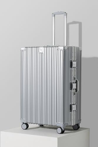 HotWay 26 Inch Aluminum Frame Luggage with Spinner Wheels, PC Hard Shell Suitcase with Cup Holder, Zipperless Luggage for Business Travel, Silver