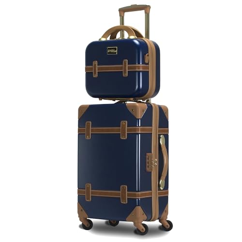 World Traveler Gatsby Vintage Style 2-Piece Hardside Carry-On Retro Train Case Spinner Luggage Set - Navy