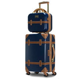 World Traveler Gatsby Vintage Style 2-Piece Hardside Carry-On Retro Train Case Spinner Luggage Set - Navy