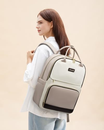 LOVEVOOK Laptop Backpack for Women with Giant Tumbler Holder Pocket, 15.6 inch Travel Work Backpack Purse for Teacher Nurse, Waterproof College Book Bag Cute Casual Daypack, Beige-Nude
