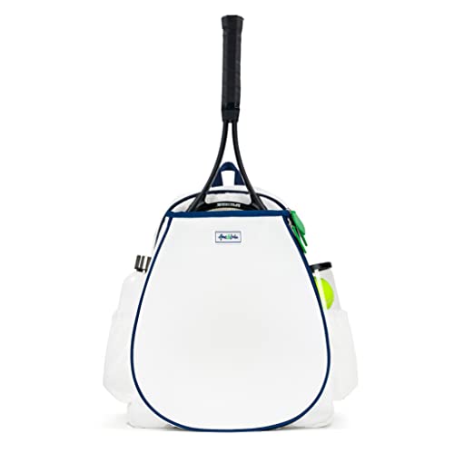 Ame & Lulu Game On Tennis Backpack - Contains Padded & Adjustable Straps - Two Exterior Water Bottle Pockets - White/Navy/Green