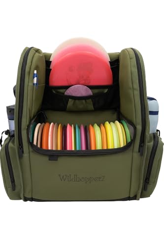 Wildhopperz Disc Golf Backpack, Holds 26+ disk with putter slots, Heavy Duty 600D Polyester, Multiple Storage Pockets, Cinch Tie Drink Pockets, Pencil and Pad slots, Durable and Waterproof
