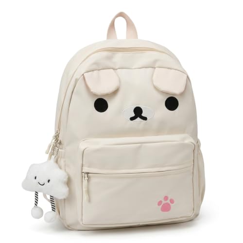 Roozxbscen Cute Bear Backpack for Women Nylon Cartoon Kawaii Daily Bag Lightweight Travel Daypack with Soft Cloud Pendant (White)