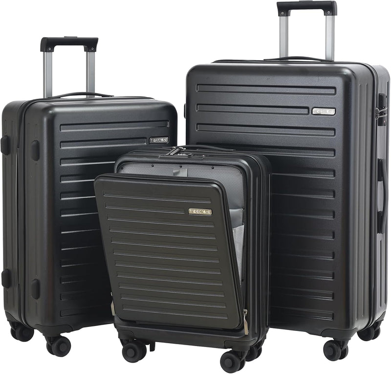 3Pcs (20/24/28) Luggage Set, HardShell Lightweight TSA Lock Only 20" with Front Pocket, 21.65*15.35*7.87" Fits Overhead Cabin, 24" (26*17.7*10.2") and 28" (19.68*11.81*29.92") Checked Luggage, Black