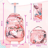 3Pcs Rolling Backpack for Girls Women, 19 Inche Adults Roller Bag with Wheels, Flower Wheeled Bookbag with Lunch Box(Pink)