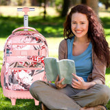 3Pcs Rolling Backpack for Girls Women, 19 Inche Adults Roller Bag with Wheels, Flower Wheeled Bookbag with Lunch Box(Pink)