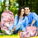 3Pcs Rolling Backpack for Girls Women, 19 Inche Adults Roller Bag with Wheels, Flower Wheeled Bookbag with Lunch Box(Pink)