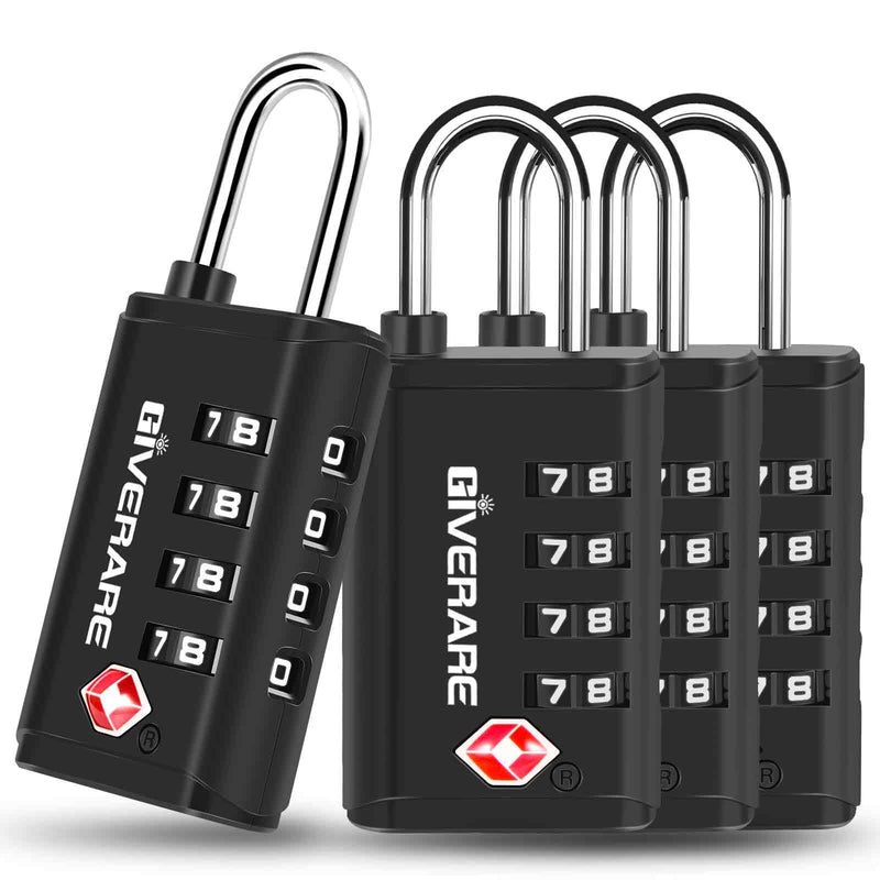4 Pack TSA Approved Travel Luggage Locks 4 - Digit, Open Alert Suitcase Combination Lock, Keyless Zipper Padlocks, TSA Accepted Compatible Padlock for Gym Locker, Golf Bag Case, Anti Theft - Black