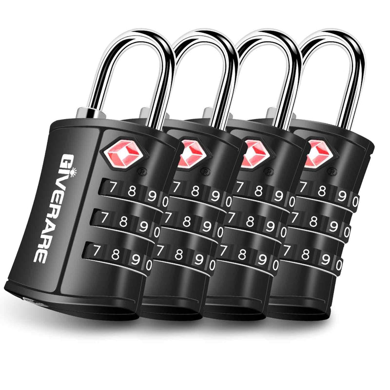 4 Pack TSA Approved Travel Luggage Locks, Combination Lock Keyless, 3 - Digit Padlocks, Travel Sentry Accepted Compatible Padlock for Gym Locker, Golf Bag Case, Backpack, Black - by GIVERARE