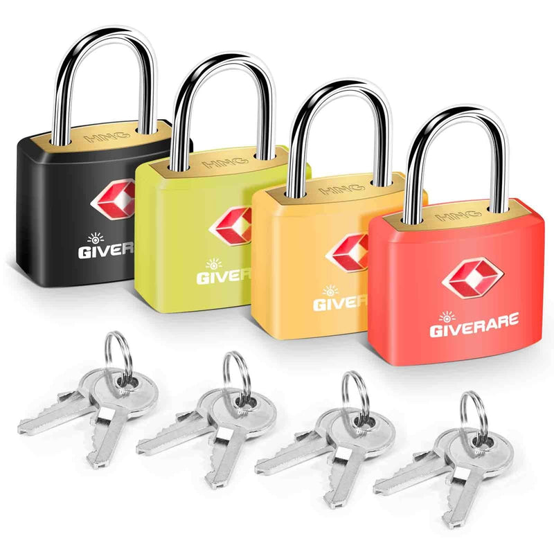 4 Pack TSA Approved Travel Luggage Locks with Keys, Solid Brass Copper Keyed Padlock, ABS Plastic Covered Small Locks for Suitcase, Backpack, Gym Locker, Jewelry Box - by GIVERARE