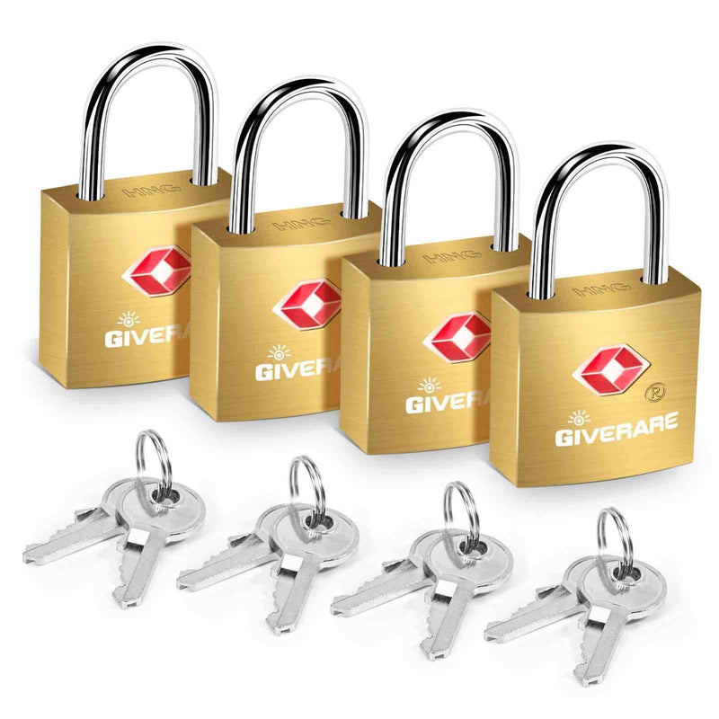 4 Pack TSA Approved Travel Luggage Locks with Keys, Solid Brass Copper Keyed Padlock, Small Locks for Suitcase, Backpack, Gym Locker, Jewelry Box, Gold - by GIVERARE