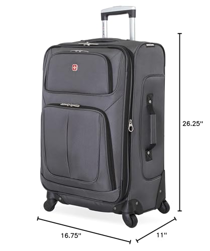 SwissGear Sion Softside Expandable Luggage – Medium Checked Suitcase with 360 Degree Wheels & Retractable Handle – 25 Inch, Perfect for 1-7 Night Trips – Dark Gray