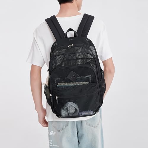 Mesh Backpack for School Beach Heavy Duty Net Bookbag for Girls Boys, Black