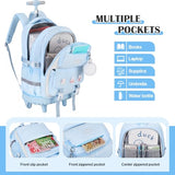 DIGOBAY Rolling Backpack for Girls, Roller School Bag with Wheels, Wheeled Backpacks with Lunch Bag Pencil case for Elementary School Bookbags with Cute Pins Blue