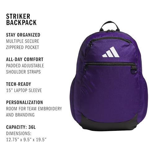 adidas Striker 3 Team Sports Backpack – Daypack for Sports Gym Travel, 36L, Collegiate Purple, OSFA