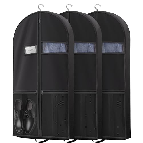 Lazebox 43" Travel Garment Bag with Accessories Zipper Pocket, Heavy Duty Suit Bag for Suits, Tuxedos, Dresses, Coats, Black, 3 packs | Backpacks4Less