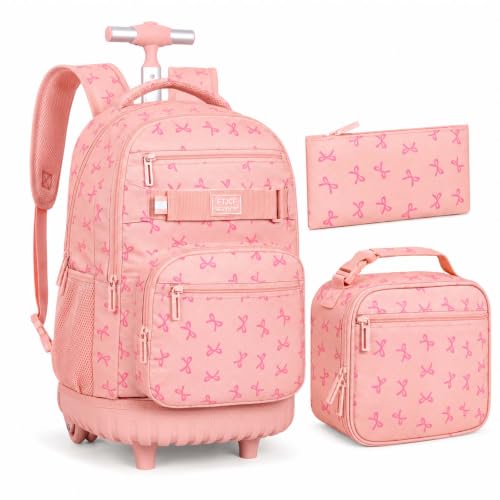 AGSDON Playful Bow Print Girls Rolling Backpack Set – 20” Roller Bookbag with Matching Lunch Box for Travel, Commute & School | | Backpacks4Less
