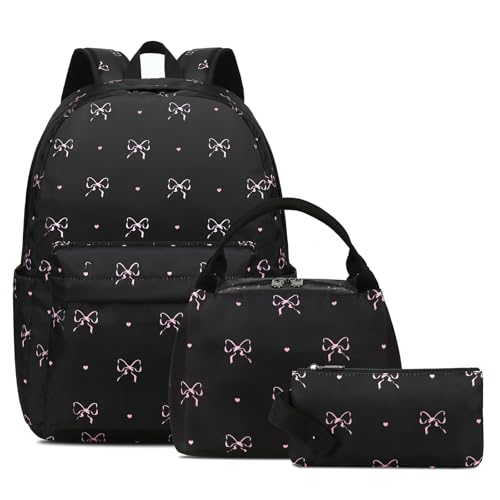 FADOVYE Waterproof Laptop Backpack for Girls Women, Water Resistant College School Backpack Casual Daypacks with Lunch Box Pencil Case (Bows-Black)