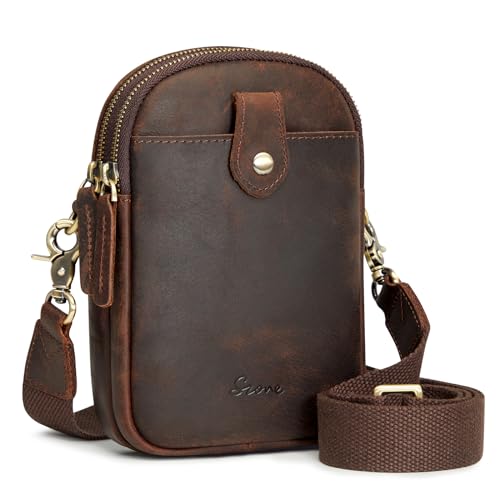 S-ZONE Small Crossbody Bags for Women Trendy RFID Blocking Cross body Bag Leather Cell Phone Wide Strap Shoulder Purses Dark Brown