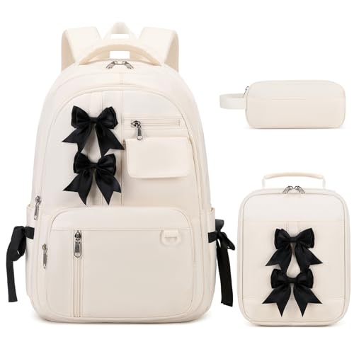 Bevalsa Backpack for Girls, Bow School Backpack for Kids with Lunch Bag & Pen Case, Cute Bookbag for Teens Girls Children for Elementary Middle High College Student, Back To School Gift (Beige)