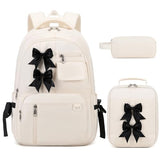 Bevalsa Backpack for Girls, Bow School Backpack for Kids with Lunch Bag & Pen Case, Cute Bookbag for Teens Girls Children for Elementary Middle High College Student, Back To School Gift (Beige)