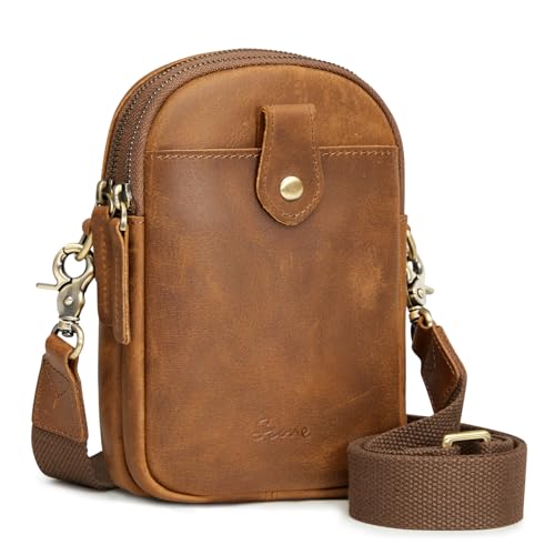 S-ZONE Small Crossbody Bags for Women Trendy RFID Blocking Cross body Bag Leather Cell Phone Wide Strap Shoulder Purses Light Brown