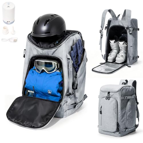 Lendolk Ski Boot Bag Ski and Snowboard Boots Backpack for Ski 60L Vacuum Travel Backpacks with Pump Waterproof Snowboard Boot Bagfor Helmet, Goggles, Gloves, Skis, Snowboard & Accessories(Grey)