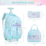 FIXITOK Rolling Backpack for Girls, Kawaii Bunny Roller Wheels School Backpacks with Lunch Bag Pencil case, Wheeled Suitcase Bookbag for Elementary Travel Dreamy Aquamarine