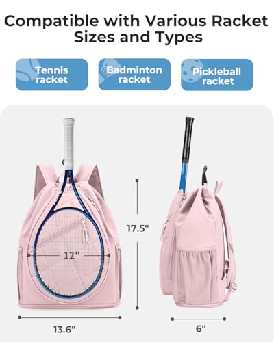 ecosmile Drawstring Backpack Sports Gym Bag, Puffer Tennis Racket Bag with Shoe Compartment & Wet Pocket Pickleball Badminton Bag for Women (Pink)
