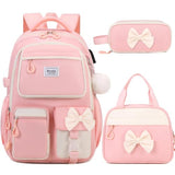 Bevalsa Backpack for Girls, Cute Bow School Bags for Kids with Lunch Bag & Pen Case, Bookbag for Girls Children Teens Elementary Middle Student, Back to School Gift with USB Charging Port
