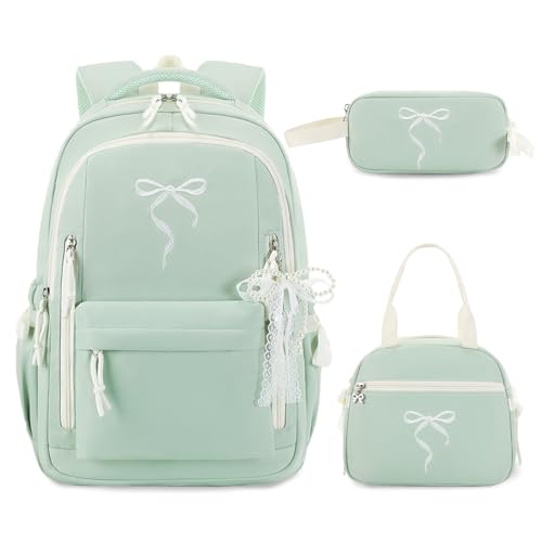 Similove Kids Backpack for Girls - 3PCS Cute Embroidered Bow Girls Backpack with Insulated Lunch Bag & Pencil Case - Bookbag for Teen Women Middle High School College Work Travel Daypack