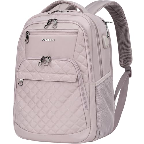 KROSER Travel Laptop Backpack 17 Inch Large Computer Backpack Water-Repellent Daypack with USB Charging Port & Headphone Interface RFID Pockets for Work/Business/College/Men/Women Dusty Pink(Quilted)