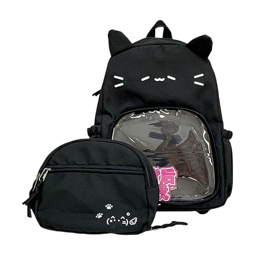 UINSUE Kawaii Chick Backpack with Detachable Front Pocket Casual Comic Cat Face Design Ita Bag for Conventions and Everyday Use 13L (Black-Cat)