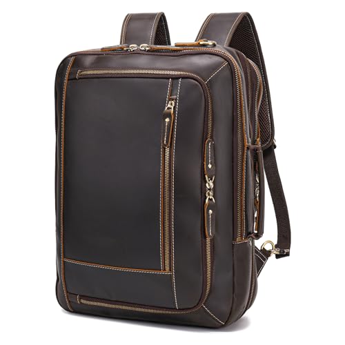 LANNSYNE Vintage Genuine Leather Backpack For Men, 2 in 1 Expandable Briefcase Fits 17'' Laptop Crossbody shoulder Bag Business/Travel Rucksack