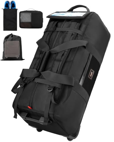 Bolsa de Lona Plegable con Ruedas de 120L | Maleta de Viaje Extra Grande con Compartimento para Zapatos, Correas de Mochila, Bolsa de Gimnasio para Fines de Semana y Noches, Camping, Mudanzas | Incluye 3 Cubos Organizadores