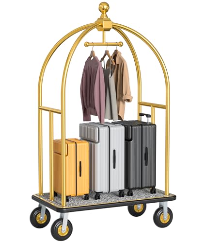 Hotel Luggage Cart, Brushed Stainless Steel Finish Bellman's Cart, Valet Cart with Grey Carpeted Deck and 8‘’ Rubber Wheels, Ideal for Hotels, Condos, Resorts, 1300Lbs Load (Gold, 42''L x 74''H)