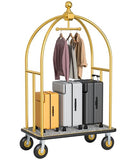 Hotel Luggage Cart, Brushed Stainless Steel Finish Bellman's Cart, Valet Cart with Grey Carpeted Deck and 8‘’ Rubber Wheels, Ideal for Hotels, Condos, Resorts, 1300Lbs Load (Gold, 42''L x 74''H)