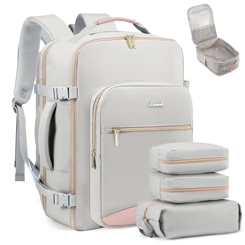 LOVEVOOK Travel Backpack for Women & Men 40L,Airline Approved Carry On Backpack Travel Essentials,TSA Carry on Luggage,Waterproof Personal Item Travel Bag,Suitcase with 3 Packing Cubes,Light gray-Pink