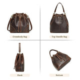S-ZONE Genuine Leather Bucket Bags for Women Drawstring Crossbody Purses Shoulder Top Handle Handbags with 2 Straps