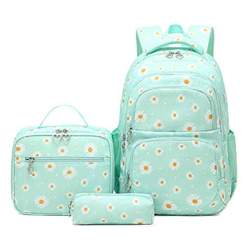Glodwheat Daisy Printed Backpack For Girls- 3Pc Set With Lunch Box & Pencil Case, Lightweight Water-Resistant Bookbag For Elementary School