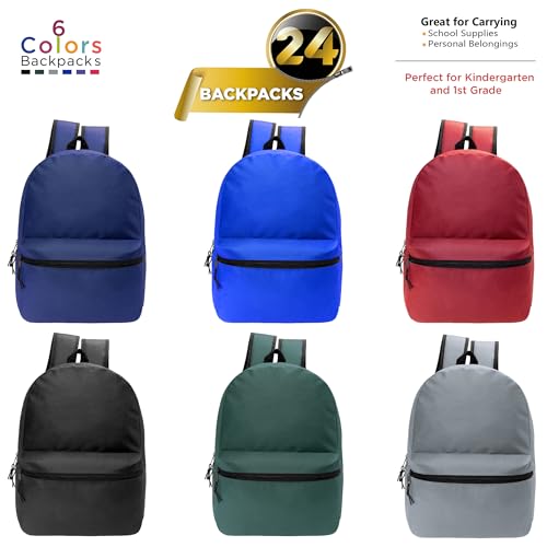 24-Pack 15" Backpacks for Kids - Bookbags in Bulk for Elementary, Middle, and High School Students, 6 Assorted Colors
