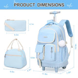 DIGOBAY Rolling Backpack for Girls, Girls Roller Backpack with Lunch Bag and Pencil Case, School Bookbag with Wheels for Elementary Middle High School Travel, Blue