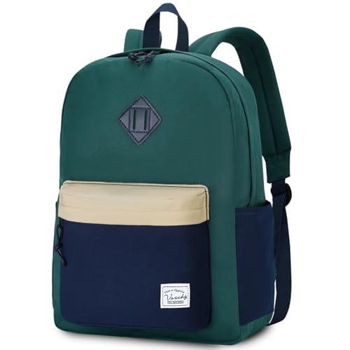 VASCHY Lightweight Backpack for School, Water Resistant Classic Bookbag with Side Pockets for Boys,Kids,Teens Green Blue