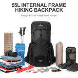 IX INOXTO 55L Internal Frame Waterproof Hiking Camping Backpack with 3L Water Bladder and Rain Cover, Large Lightweight Travel Daypack Rucksack for Climbing (Black)