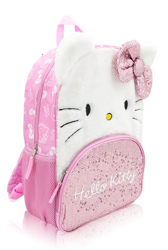 Sanrio Hello Kitty Backpack for Girls | 16" Plush Bookbag with 3D Ears, Sequin Bow & Faux Fur Face | Pink Hello Kitty School Bag for Kids, Toddlers, Teens | Cute Travel Daypack for Girls Ages 3+