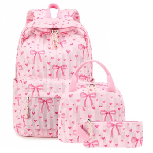 CAMTOP Backpack for School Kids Cute Backpacks for Girls Elementary Lighweight Bookbag with Lunch Box Pencil Case 3 in 1 (Pink Bow Heart)